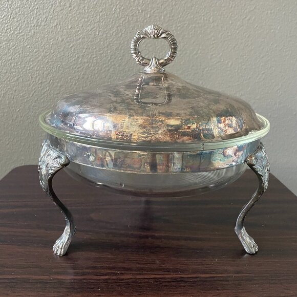 Vintage Silver Plated Chafing Dish Crescent w/ Pyrex 595 Bowl